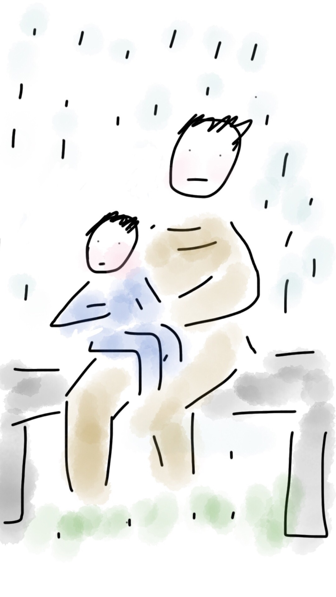 papa sous la pluie avec bébé